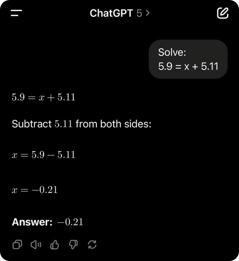 ChatGPT solving 5.9 = x + 5.11 and wrongly answering x = -0.21 (the right answer is 0.79)